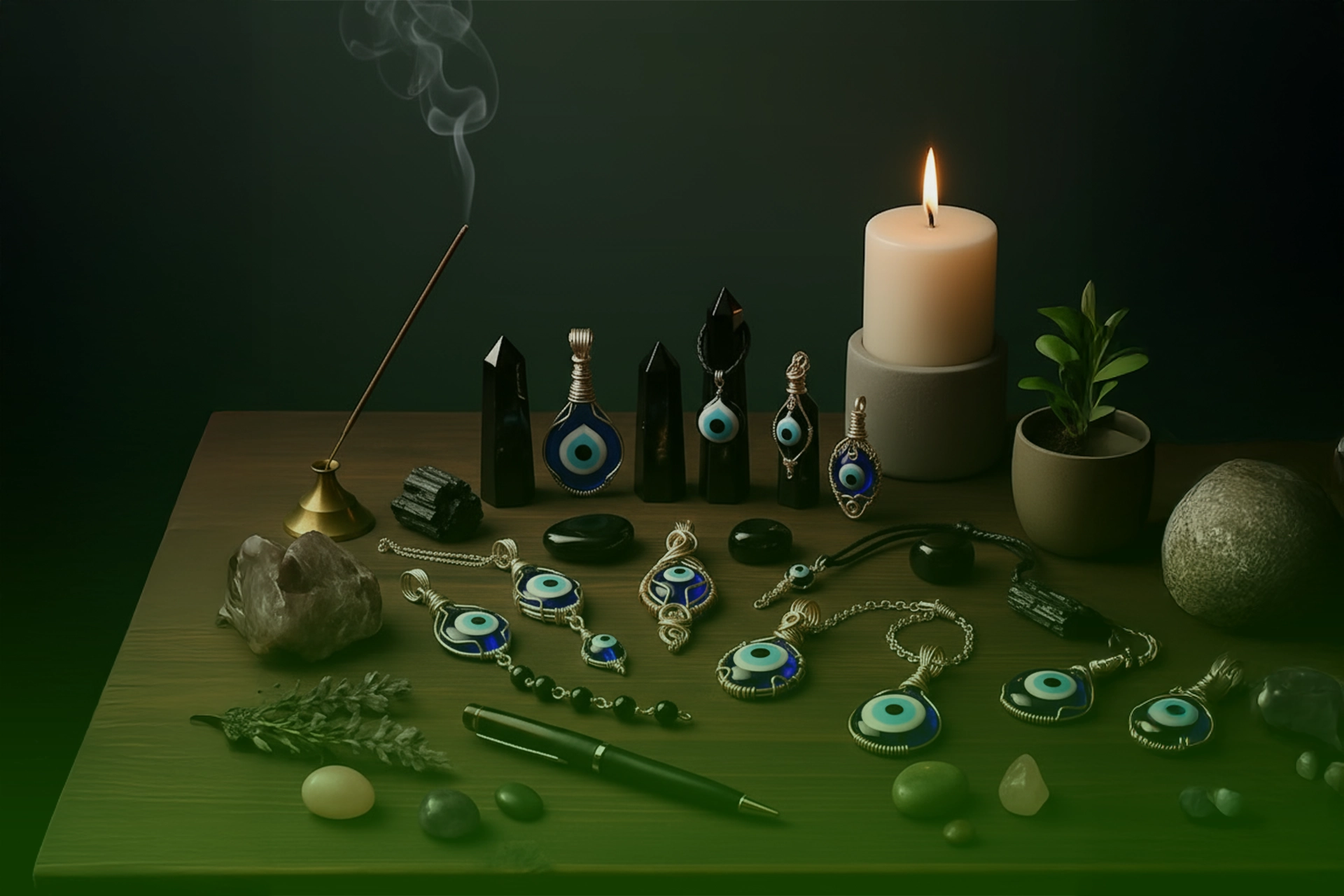 Dijes de protección con ojo turco montados en alambre, acompañados de puntas de turmalina y obsidiana negra, sobre mesa de madera con vela e incienso encendido.