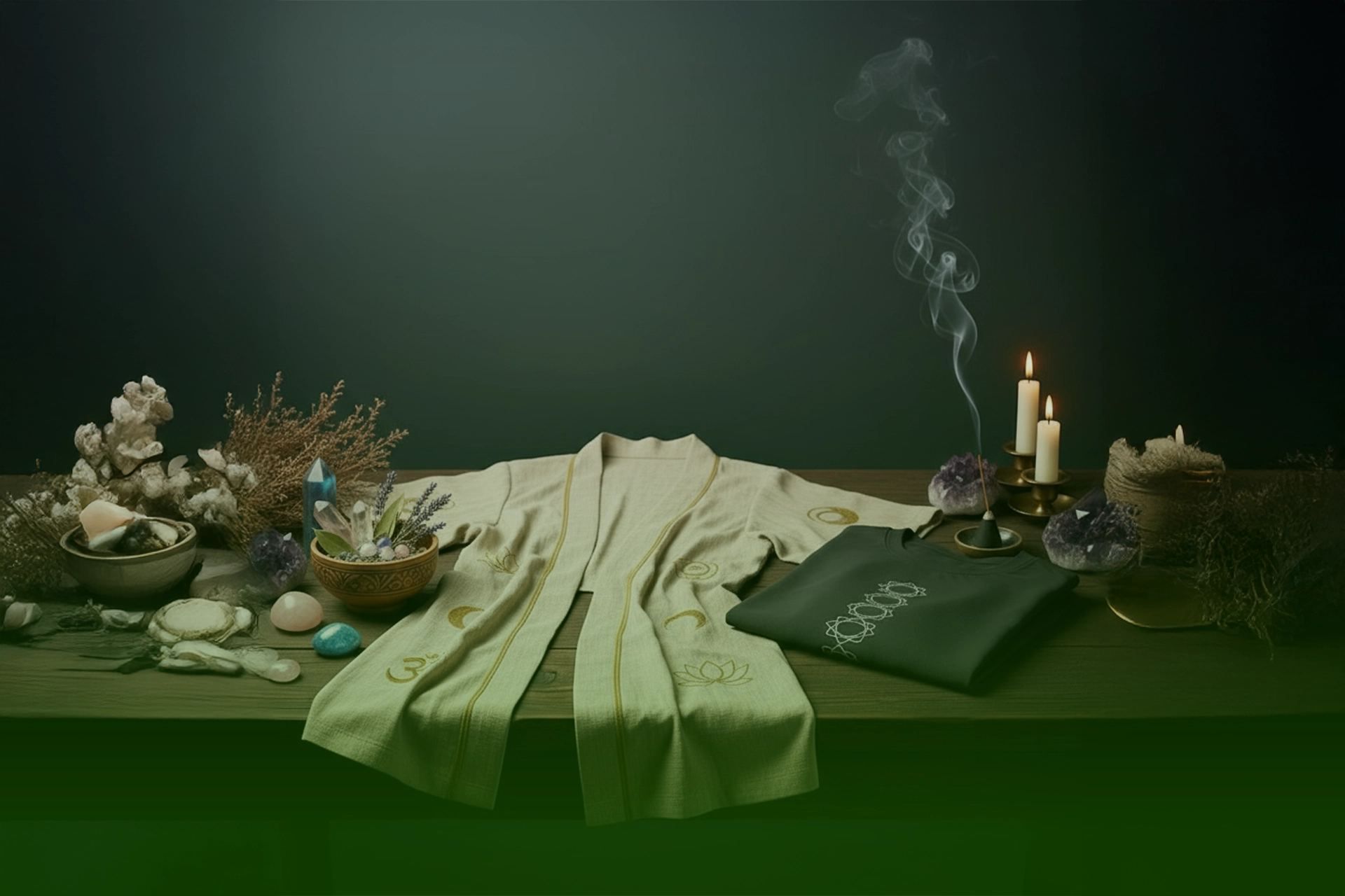 Kimono claro con bordados de símbolos sagrados y camiseta verde con diseño de chakras, dispuestos sobre mesa con cristales, velas e incienso humeante.