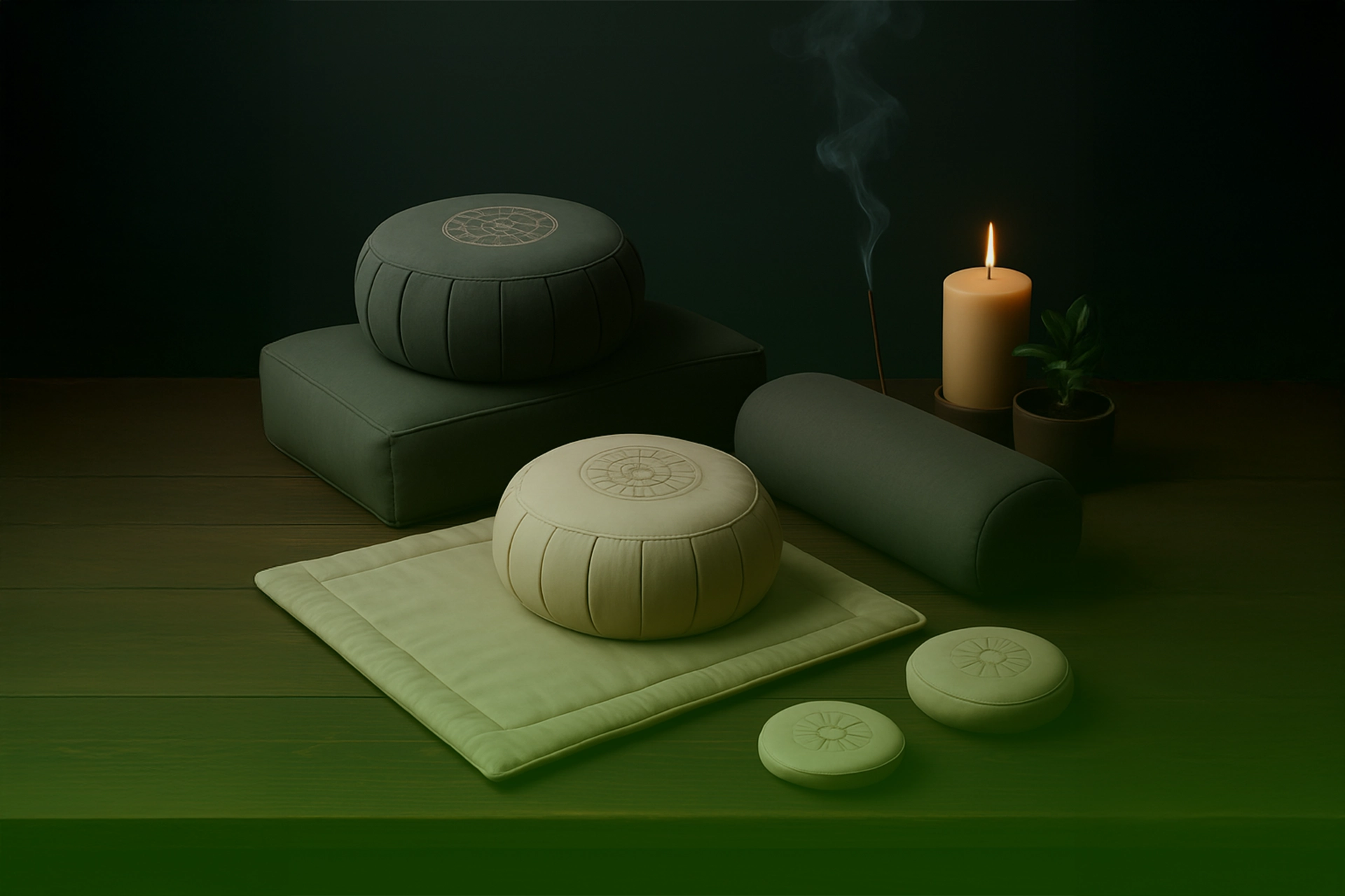 Set de meditación con zafu redondo, zabutón, cojín cuadrado, bolster cilíndrico y dos cojines de mano en tonos verde salvia; al fondo vela e incienso encendidos.