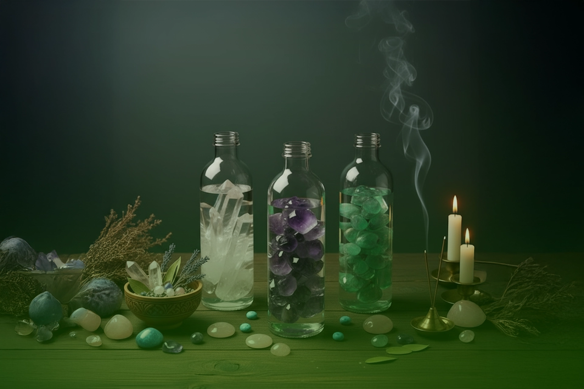 Tres botellas de vidrio con gemas en agua (cuarzo transparente, amatista y aventurina verde), sobre mesa con piedras, vela e incienso encendidos.