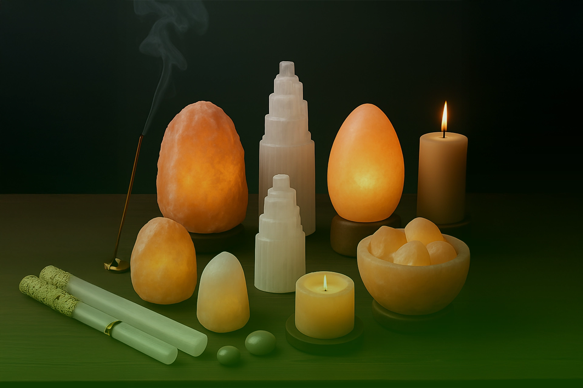 Lámparas de sal del Himalaya y torres de selenita encendidas sobre una mesa con velas e incienso, creando una luz cálida y ambiente relajante.