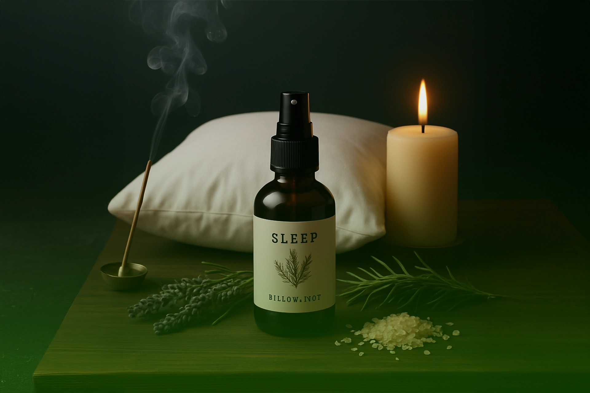 Rocío de almohada “Sleep” en frasco ámbar, junto a una almohada blanca, vela encendida, incienso, lavanda y romero sobre una mesa.