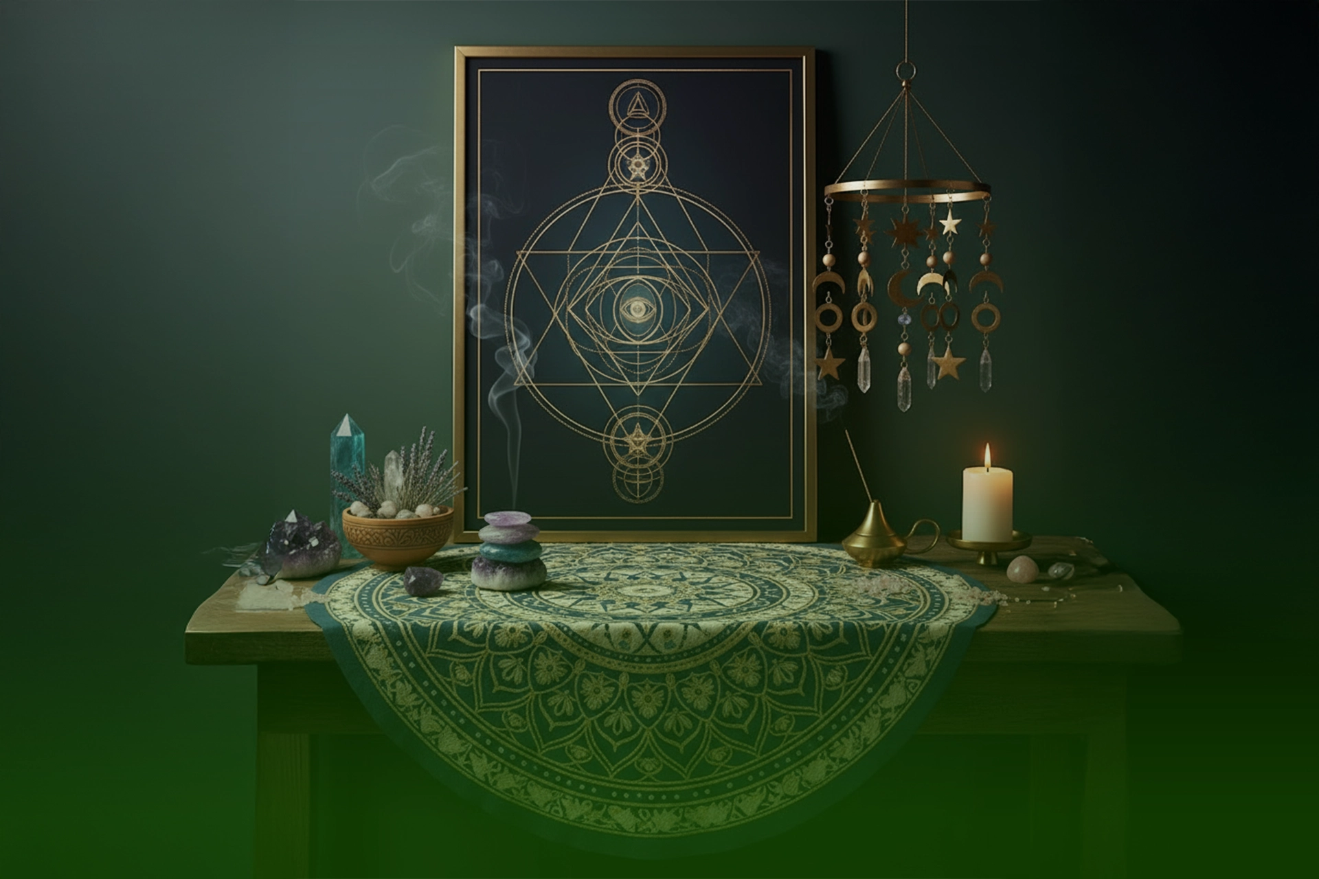 Mesa con mantel mandala, cuadro de geometría sagrada dorada, móvil colgante con lunas y estrellas, vela, incienso humeante y cristales decorativos.