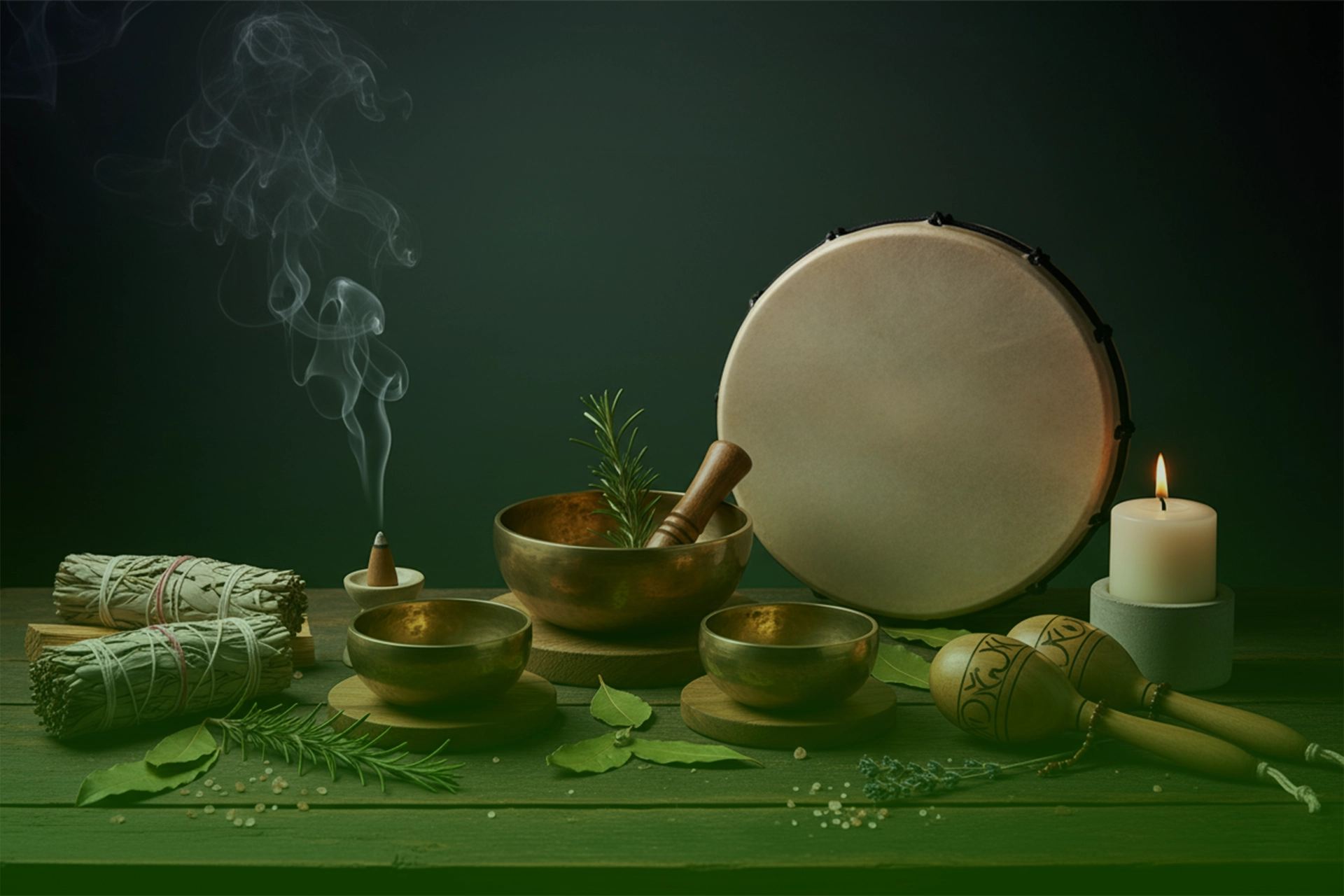 Mesa ritual con ramos de ruda y laurel, cuencos y tambor chamánico, cono de incienso humeante y vela; hojas protectoras listas para elaborar amuletos para puertas y ventanas.