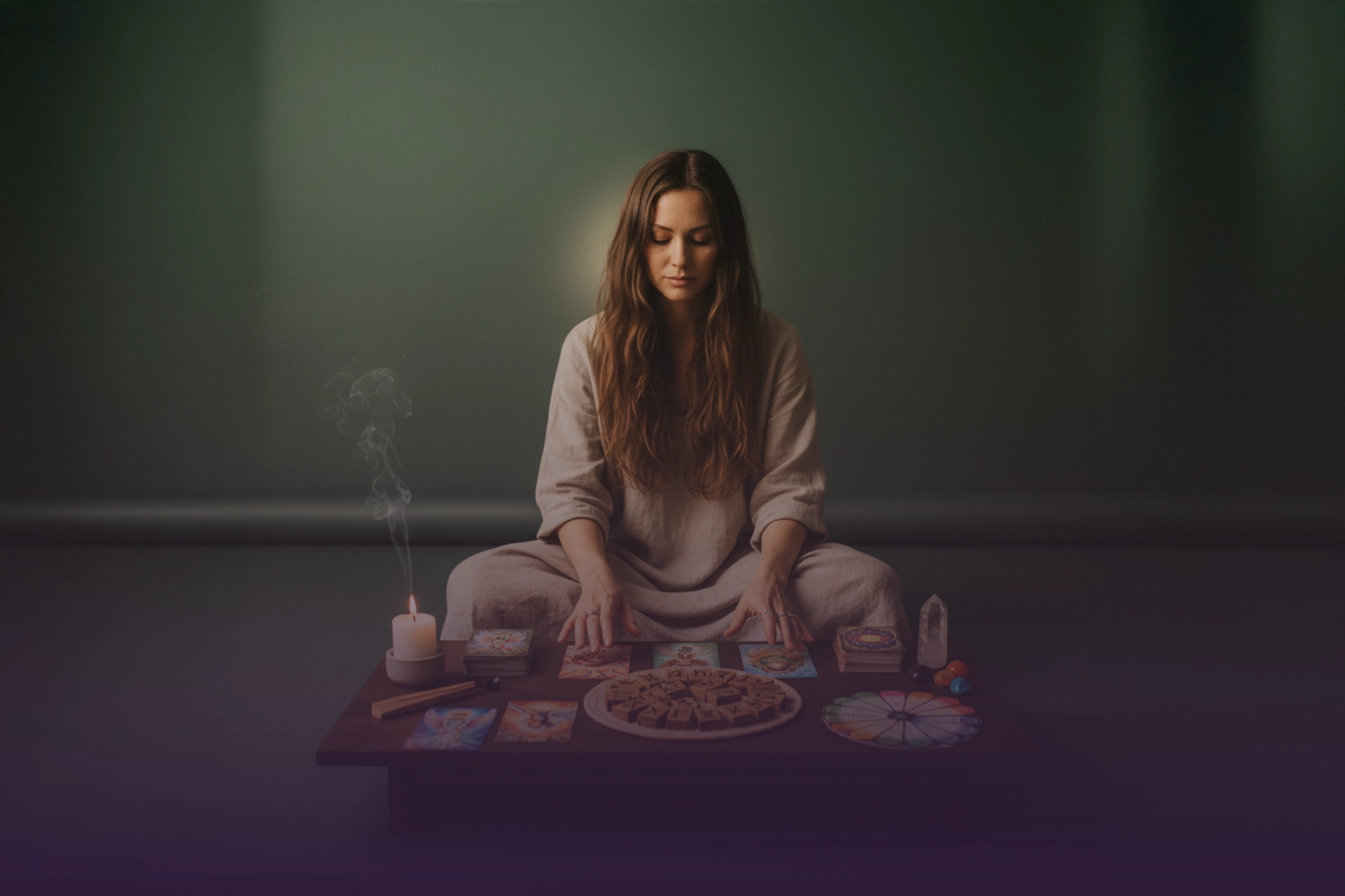 Mujer frente a mesa con cartas oráculo, vela humeante, runas, cristal y rueda de chakras.