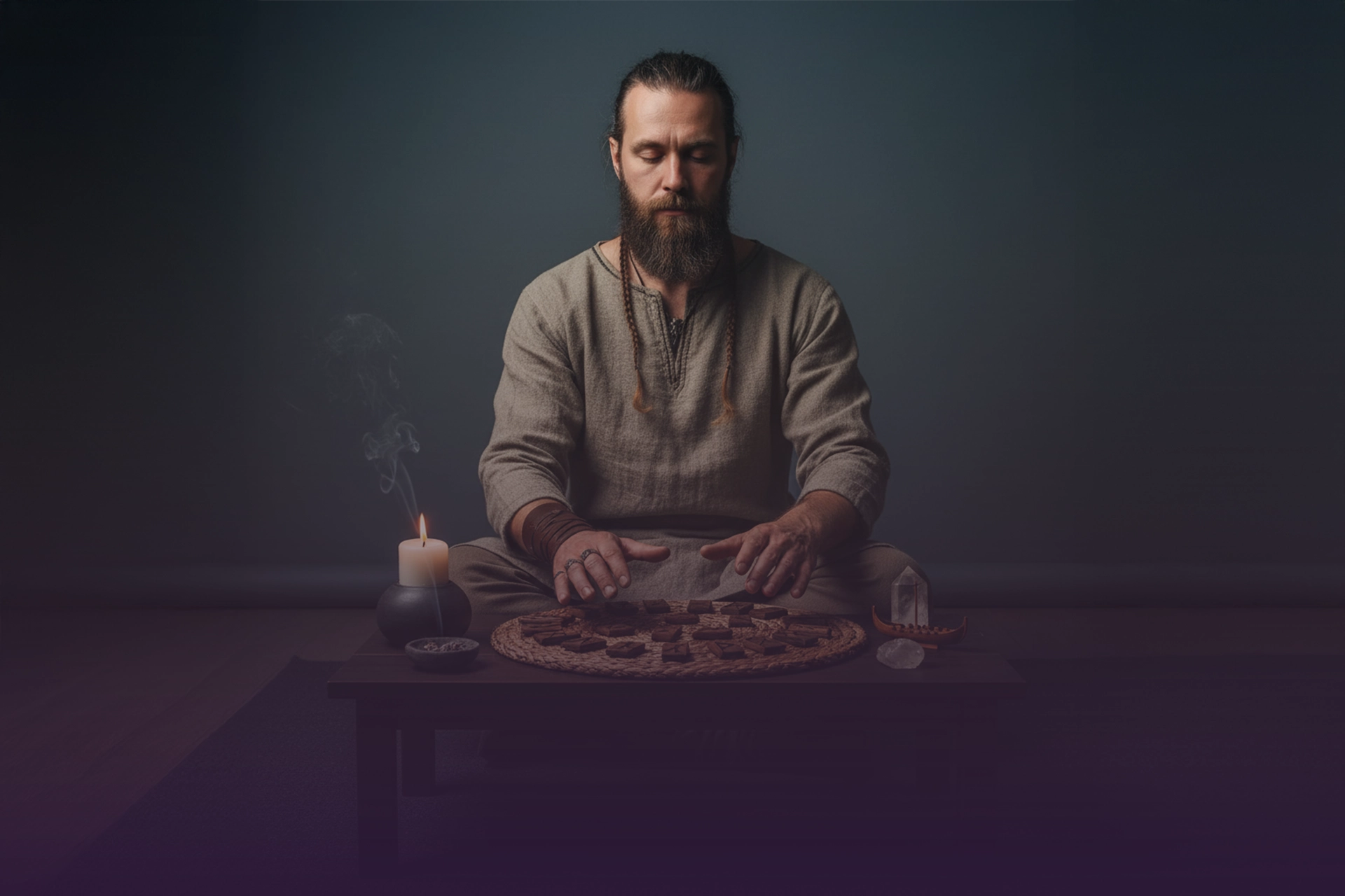 Practicante frente a mesa con set de runas nórdicas sobre mandala, vela humeante y cristales.