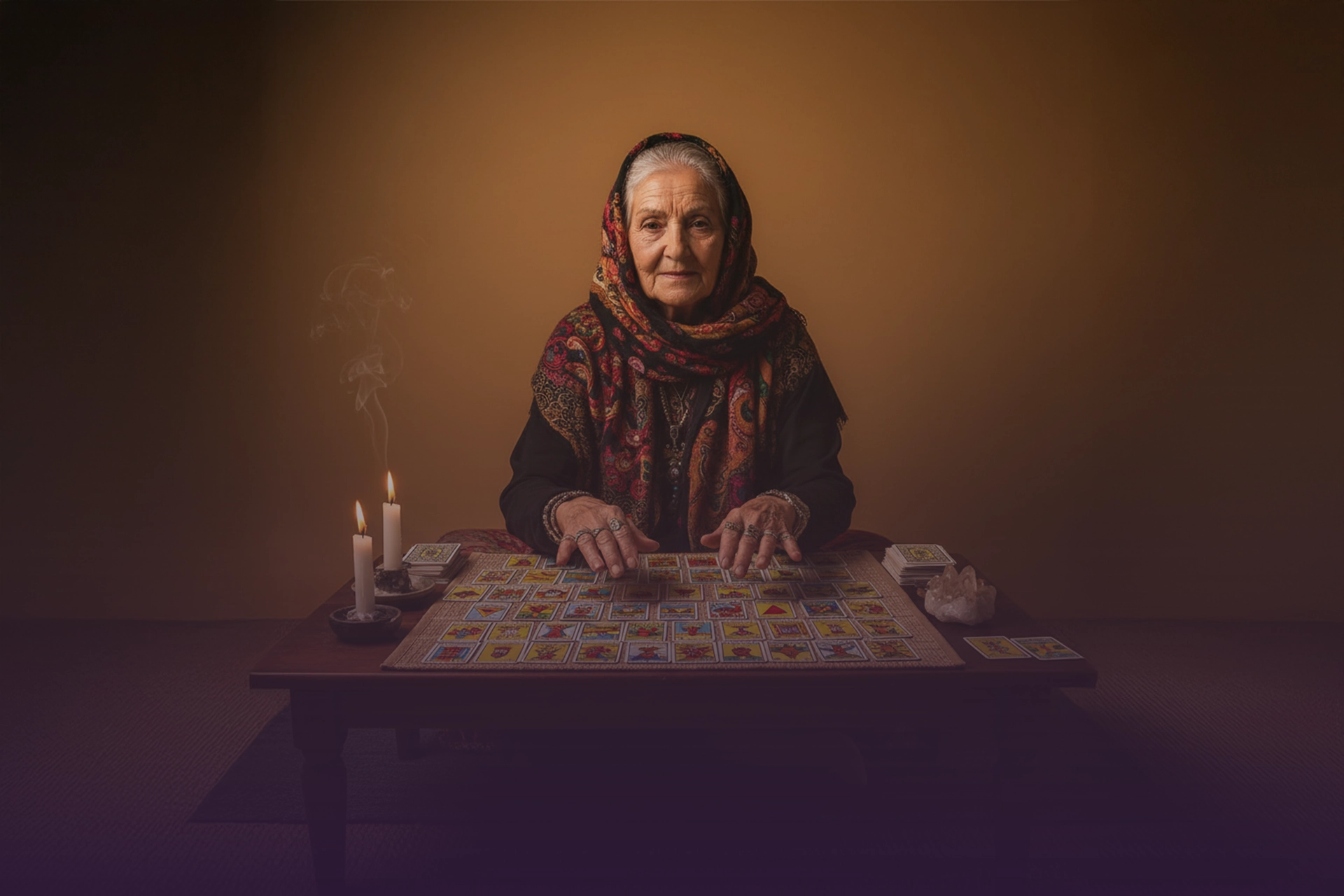 Cartomante mayor frente a mesa con tirada de baraja española/Lenormand, velas encendidas y humo de sahumerio.