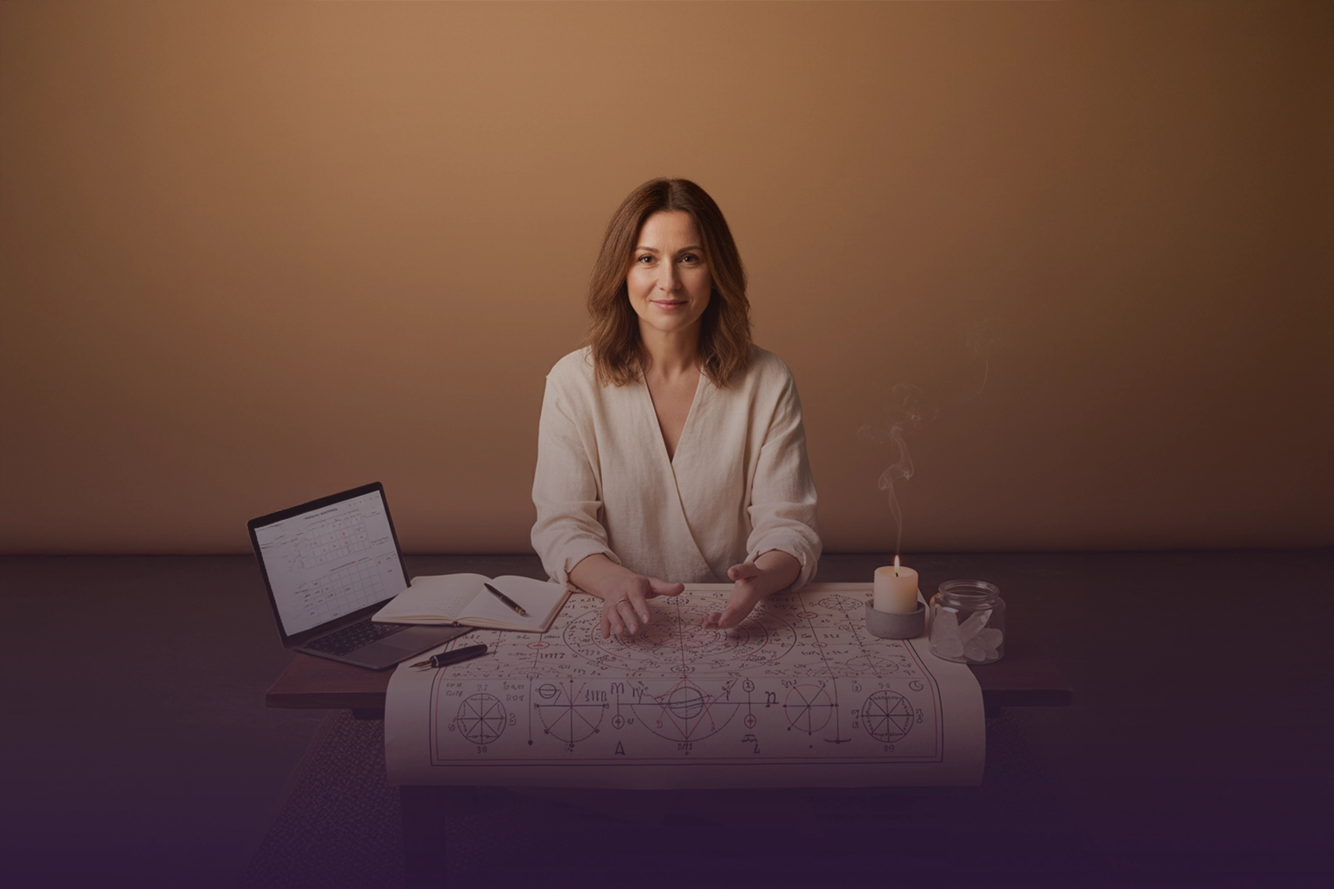 Especialista señalando un mapa numerológico sobre pergamino, con laptop, libreta, vela humeante y cristales.