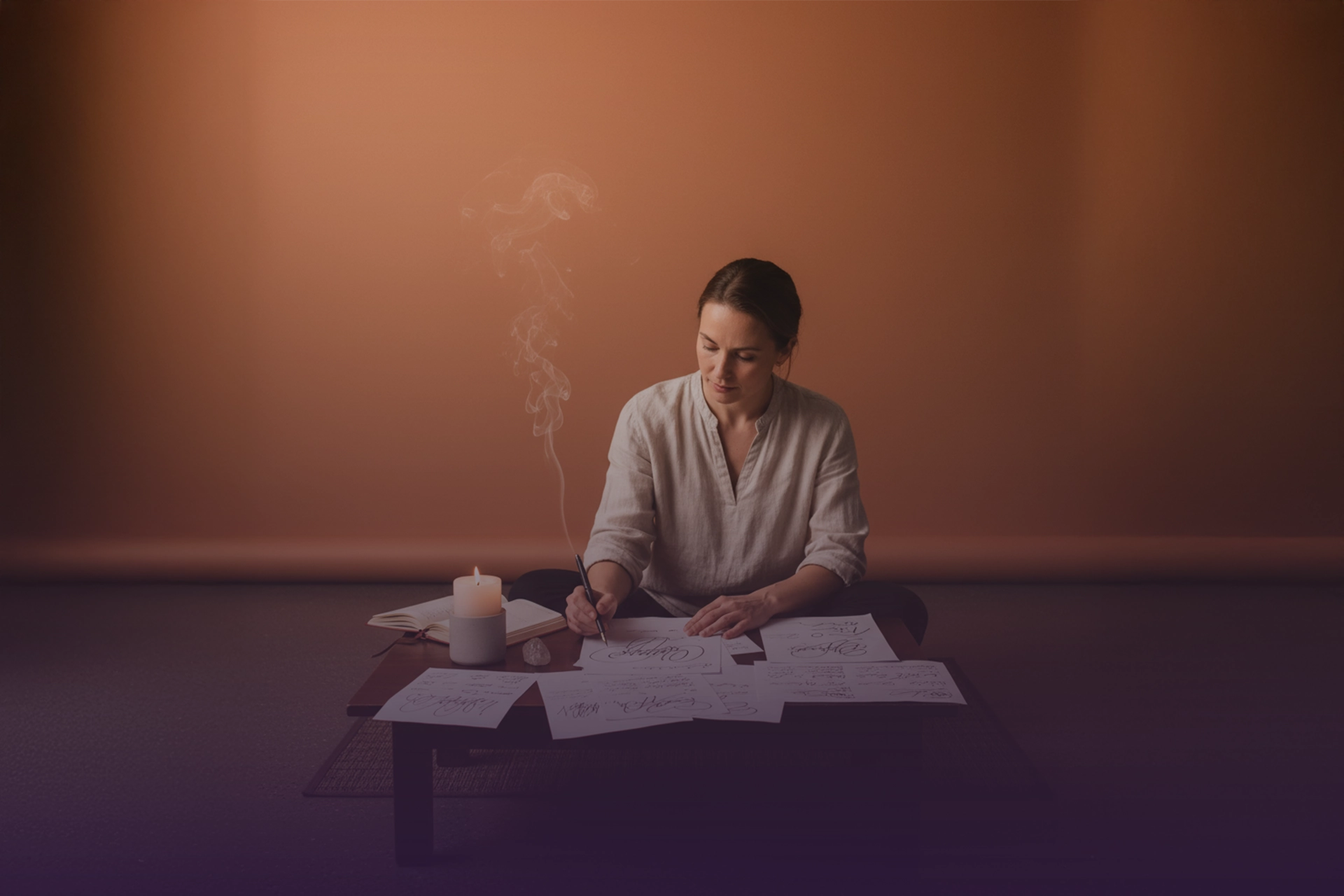 Analista escribiendo y revisando hojas con firmas, junto a vela humeante, cuarzo y libreta abierta.