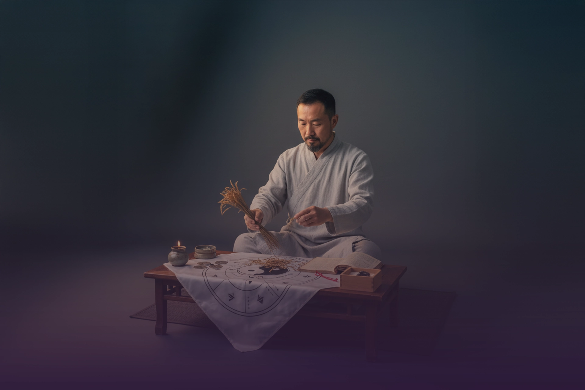 Practicante sentado consultando el I Ching con varillas de milenrama, monedas chinas, vela y paño con trigramas.