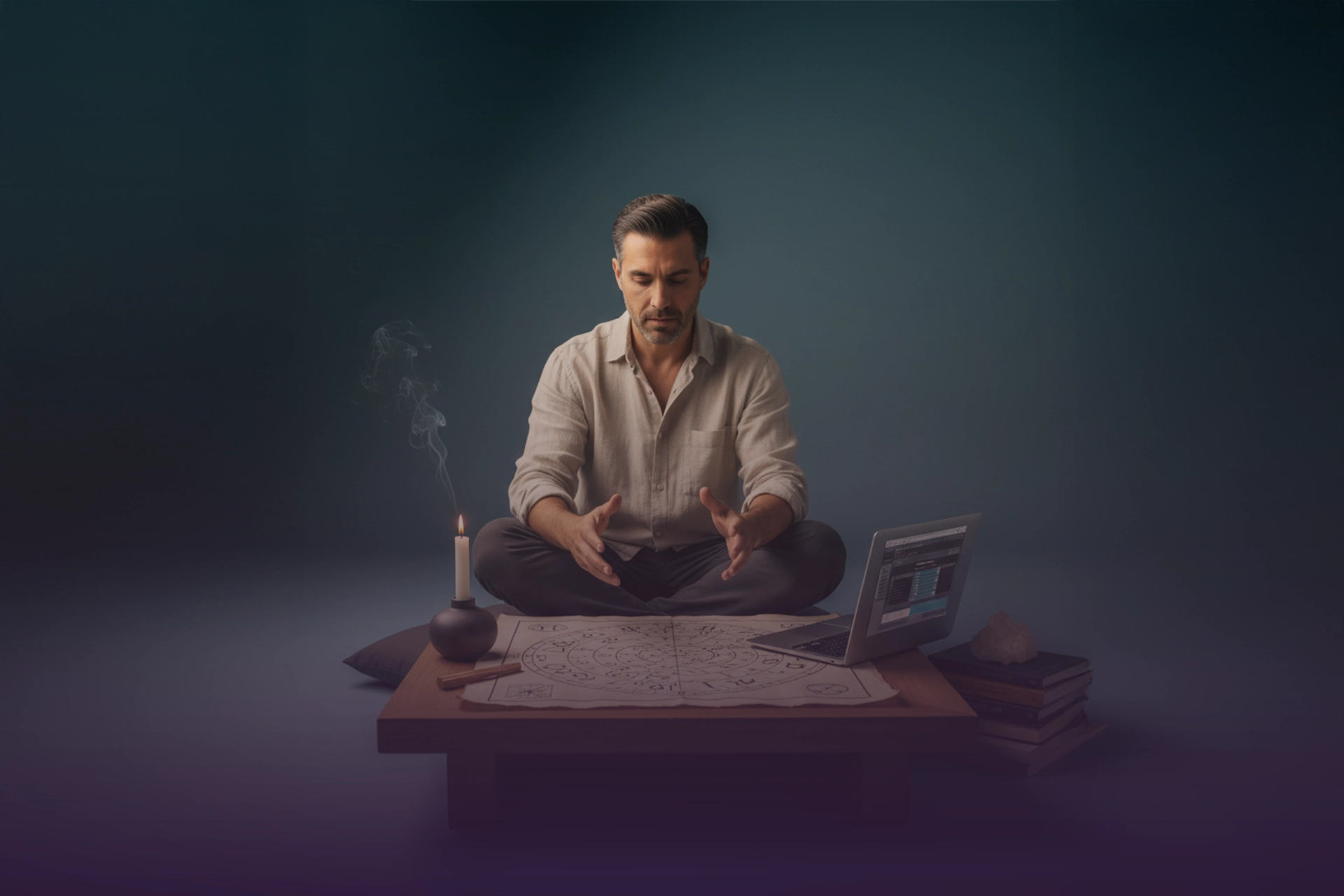 Astrólogo frente a carta astral sobre mesa, con vela humeante, laptop y cristales.