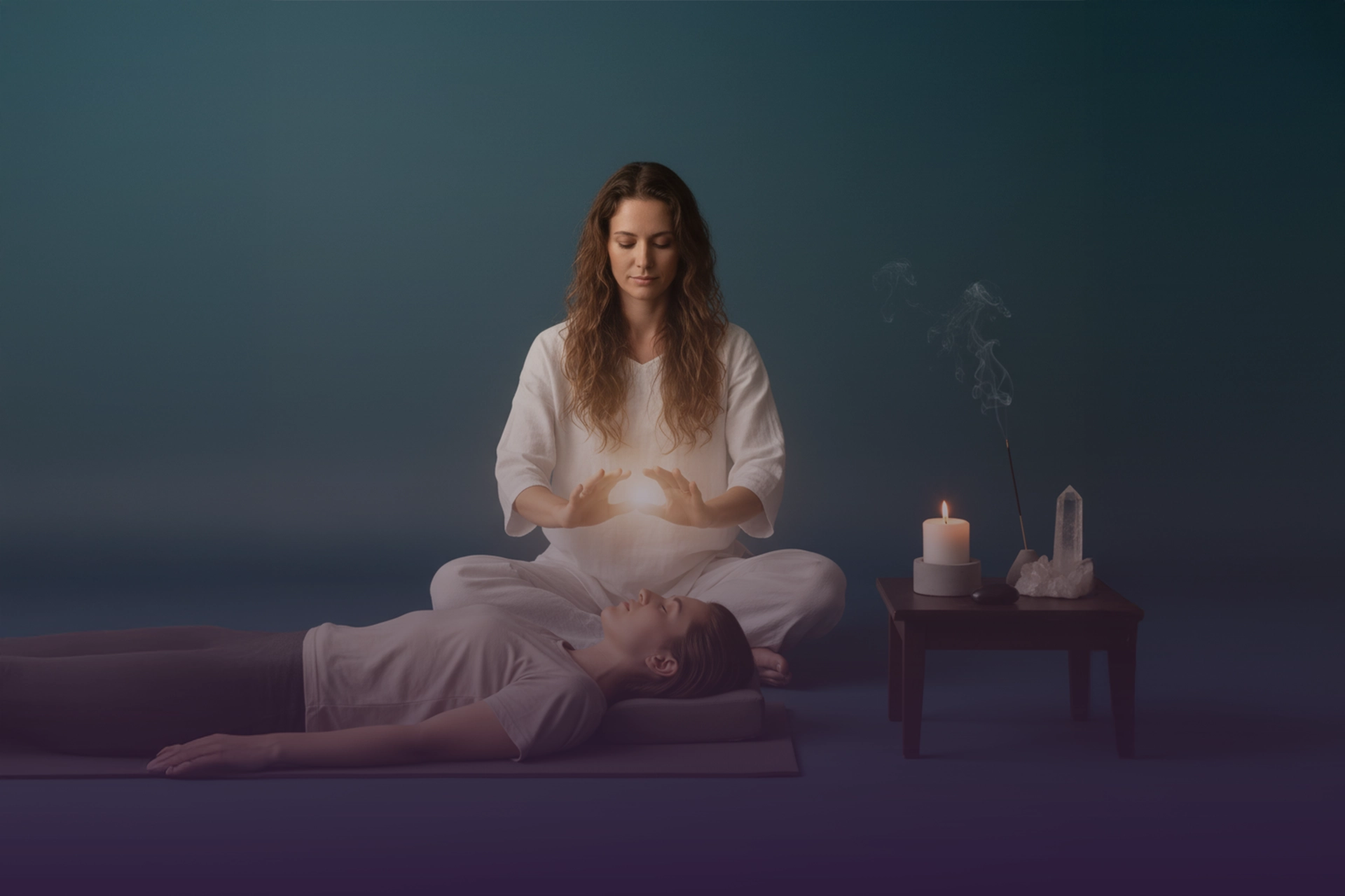 Terapeuta realizando imposición de manos sobre persona recostada, con vela, incienso humeante y cristales.
