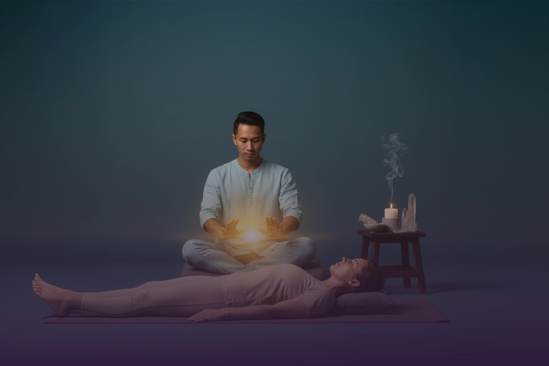 Terapeuta realizando limpieza energética sin contacto, con movimientos de barrido sobre el campo áurico, junto a vela e inciensos.