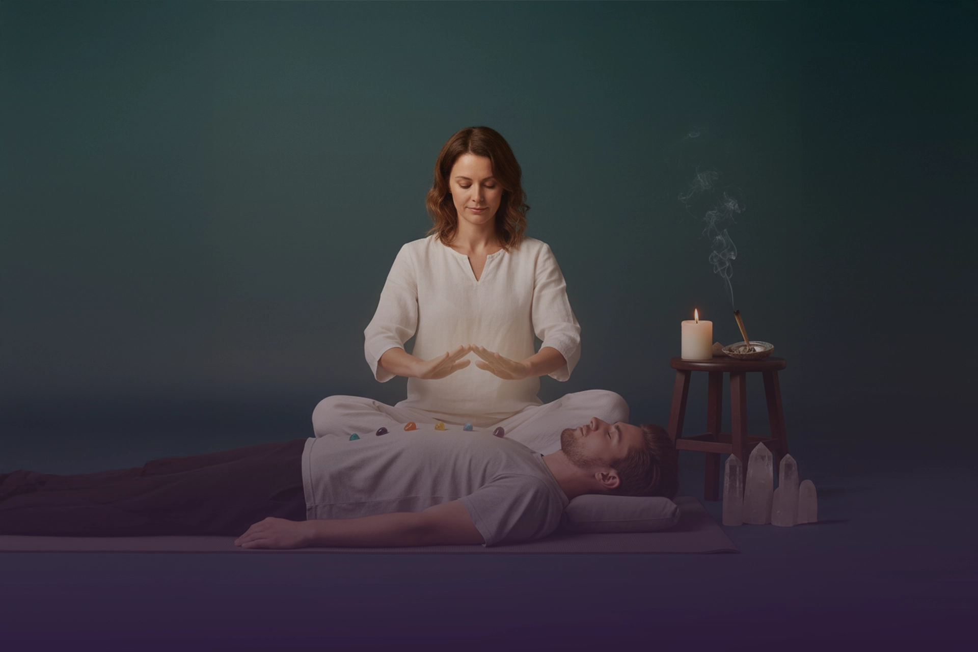 Terapeuta equilibrando chakras con imposición de manos y cristales, junto a vela e incienso humeante.