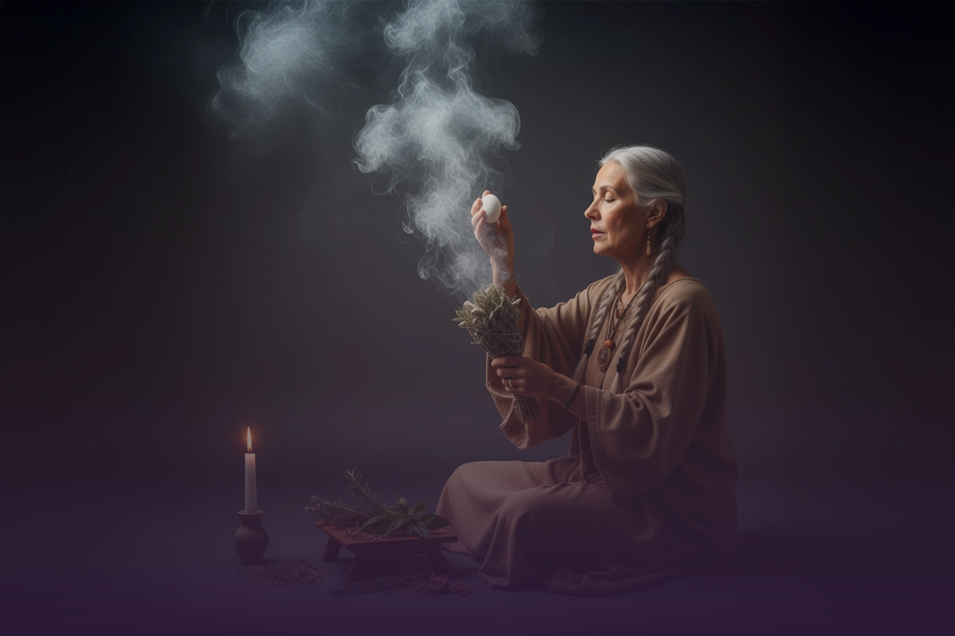 Limpieza energética con sahumerio, huevo y hierbas sagradas, acompañada de vela y oración.