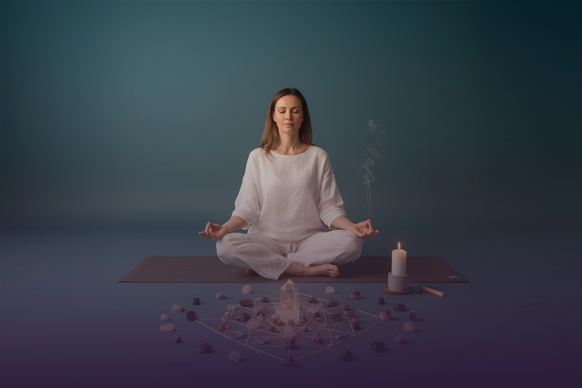 Mujer en meditación frente a una rejilla de cristales con cuarzo central, vela encendida e incienso humeante.