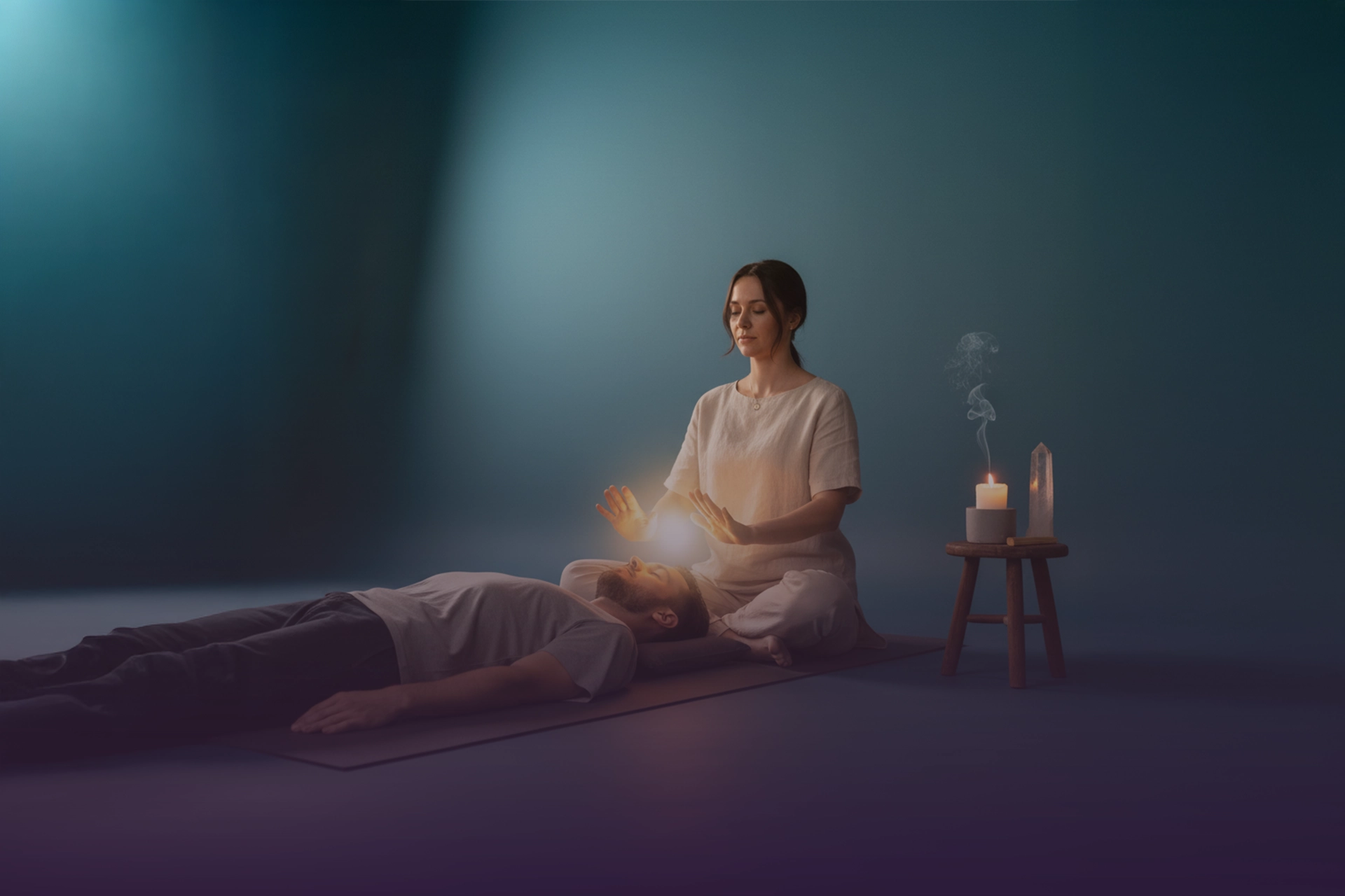 Terapeuta guiando sanación en estado theta con manos sobre la cabeza del consultante, vela e incienso humeante al costado.
