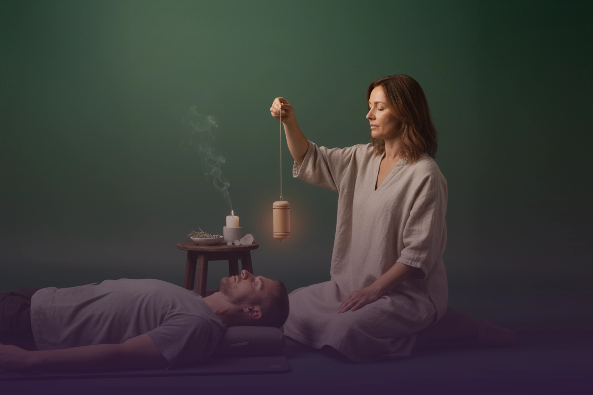 Terapeuta usando péndulo hebreo de madera sobre la cabeza del consultante, con vela e incienso humeante.