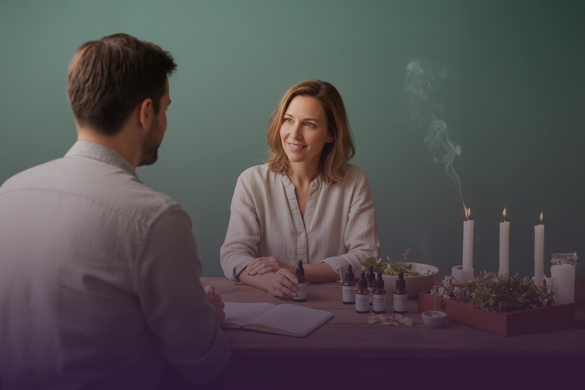 Terapeuta floral conversando con consultante, frascos de Flores de Bach sobre la mesa, cuaderno, hierbas y velas humeantes.