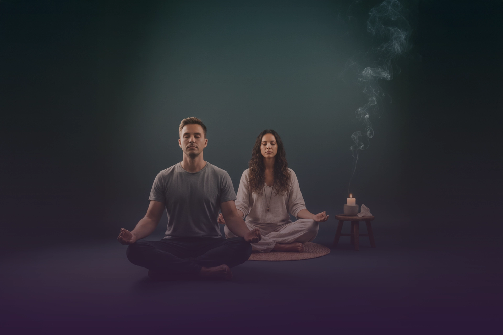 Dos personas meditando en postura fácil con ojos cerrados; al fondo vela encendida e incienso humeante.