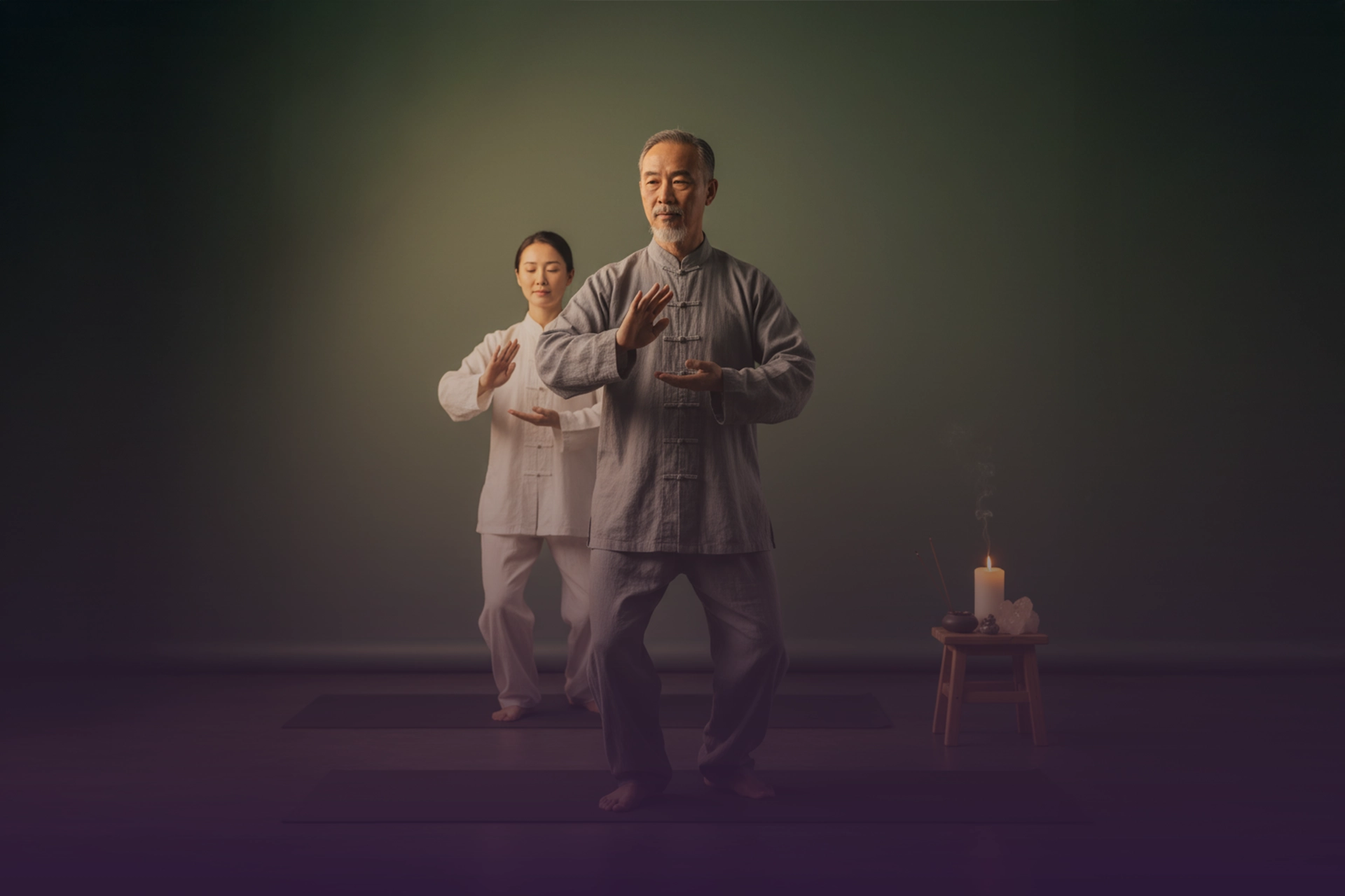 Maestro y alumna practicando Qi Gong/Tai Chi en postura fluida, con vela e incienso humeante al fondo.