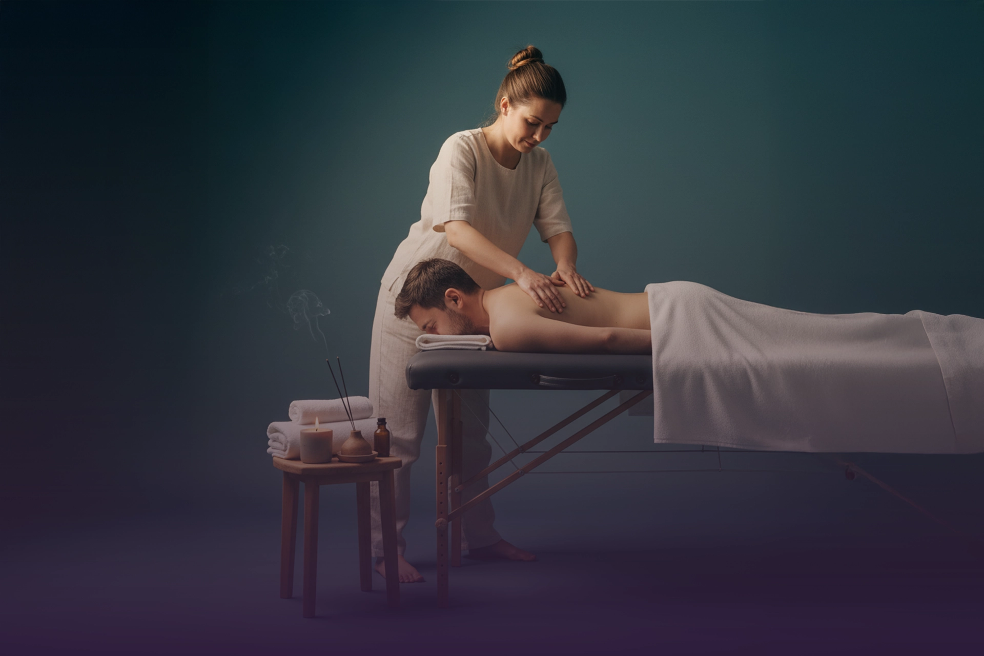 Terapeuta realizando masaje en la espalda de un cliente en camilla, con toallas, aceites, vela e incienso humeante.