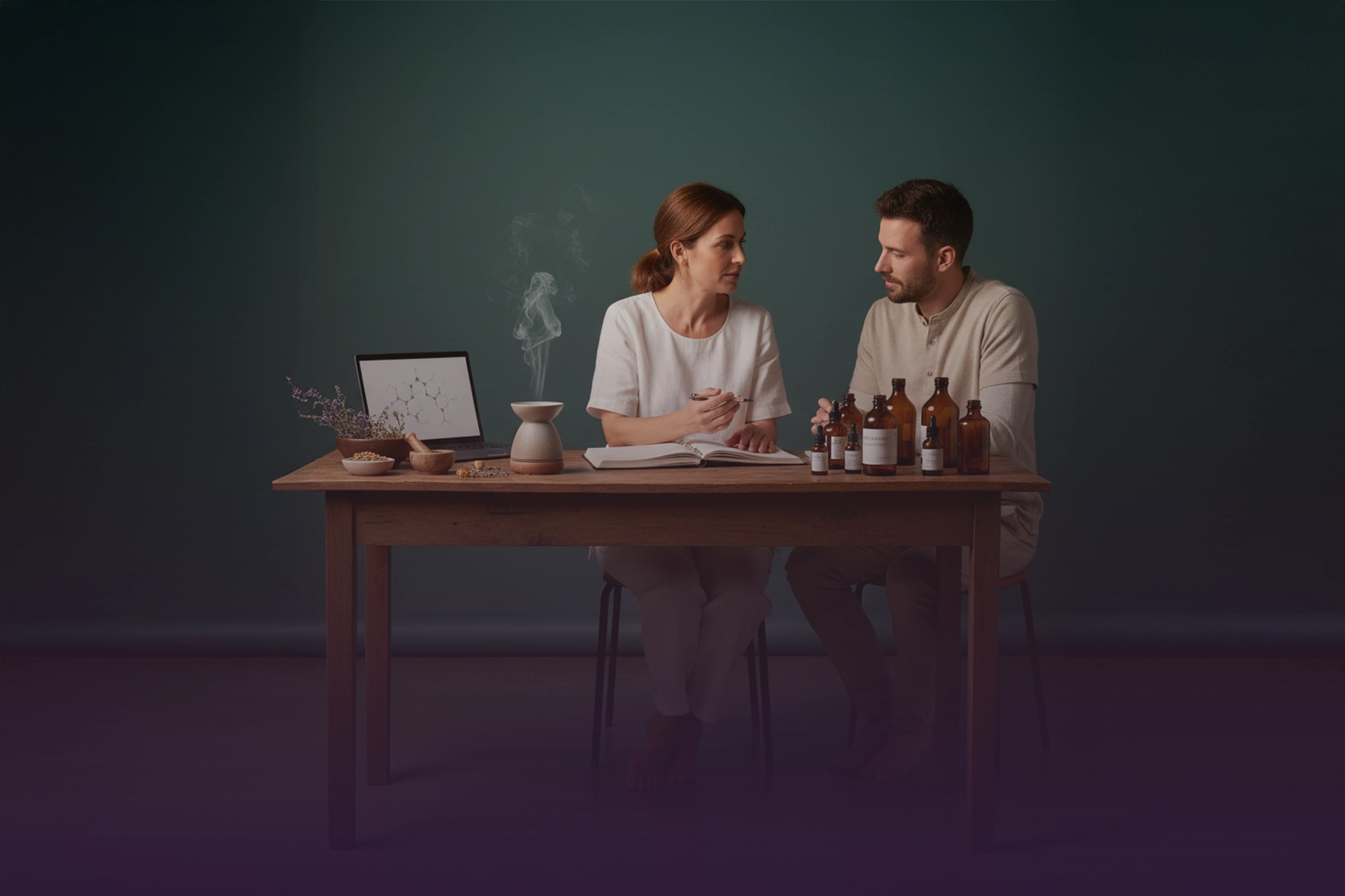 Terapeuta de aromaterapia en consulta con paciente; frascos ámbar, difusor humeante, hierbas y cuaderno de notas sobre la mesa.