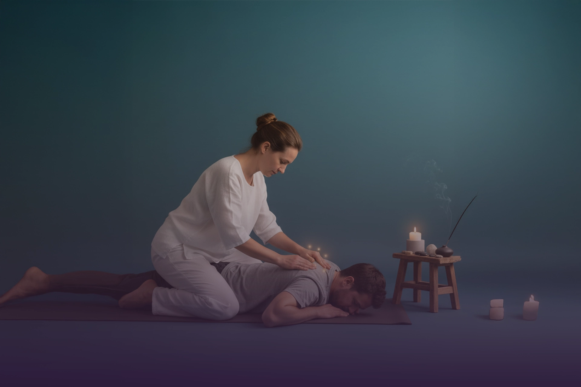 Terapeuta aplicando digitopresión en la espalda de un paciente recostado en colchoneta, con vela e incienso humeante al costado.