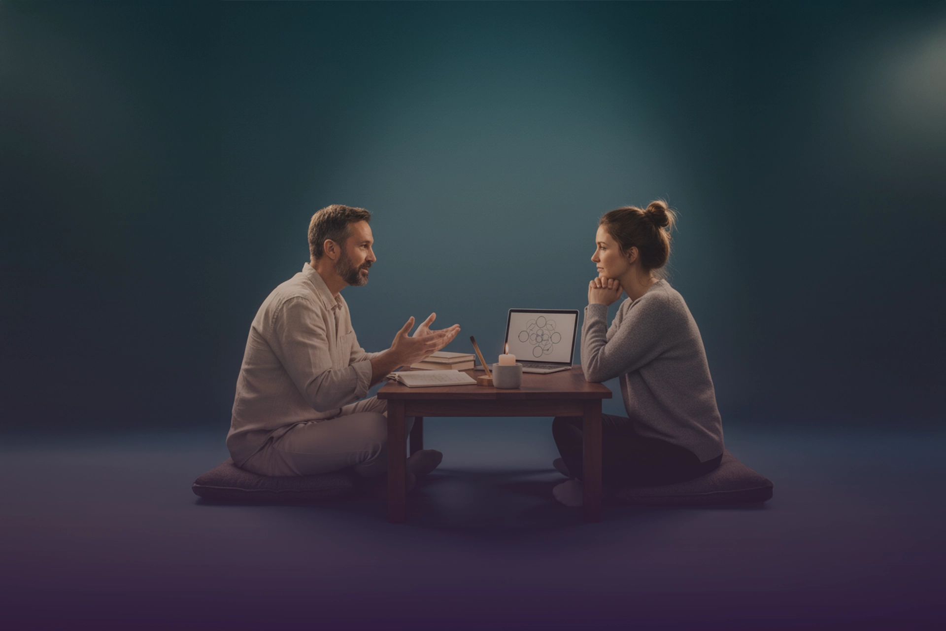 Coach y consultante conversando frente a mesa baja con libreta, vela y laptop; conversación enfocada en propósito y bienestar.