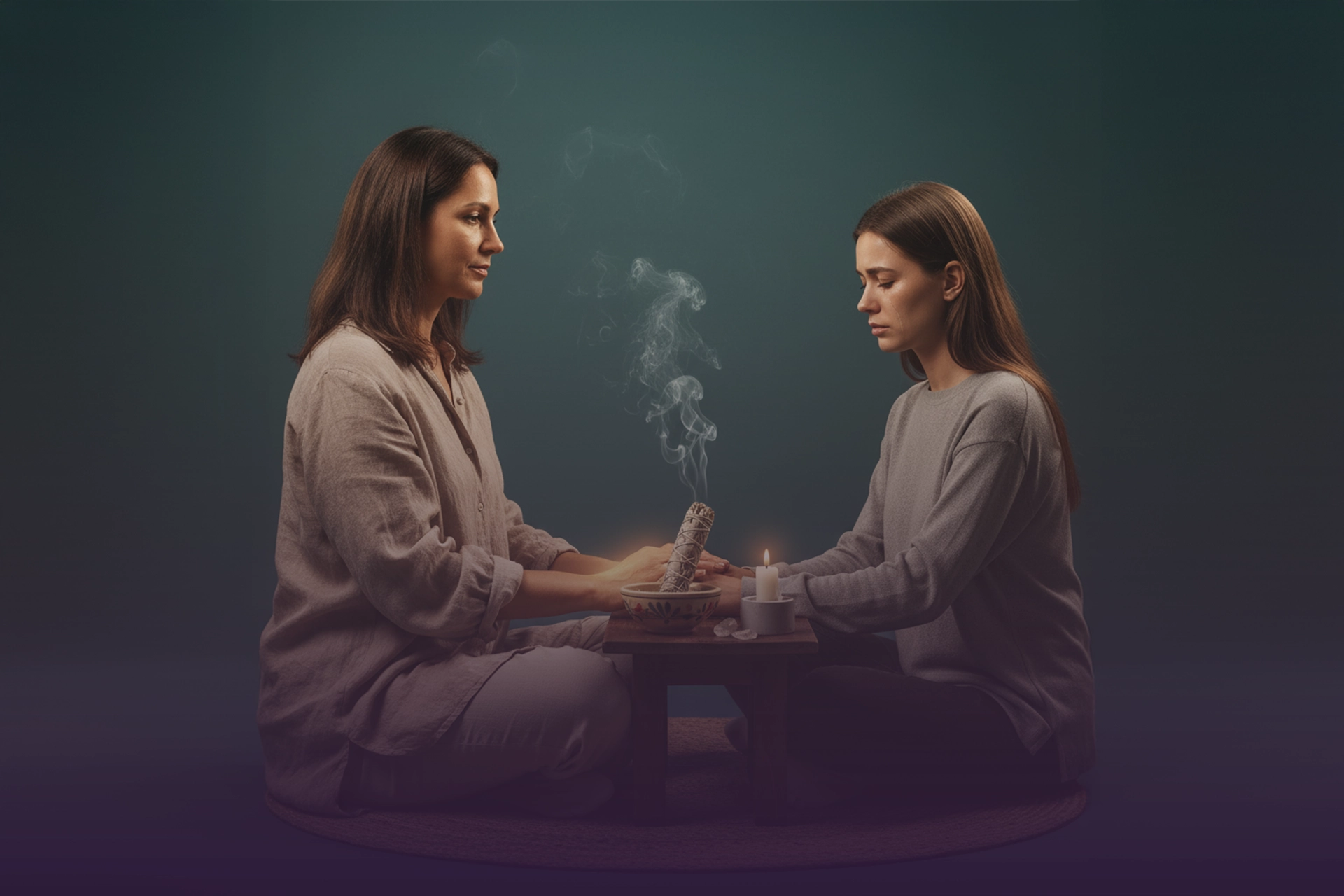 Dos mujeres frente a frente tomándose de las manos; sahumerio humeante, vela y cuarzos sobre mesa pequeña.