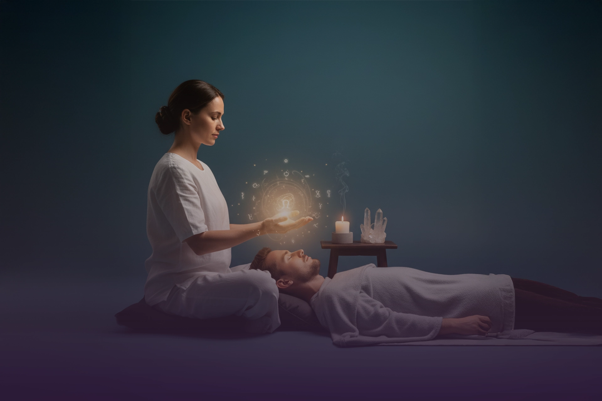 Terapeuta guiando hipnosis con manos sobre el campo del consultante recostado; símbolos de memoria iluminados, vela, humo e incluso cristales.
