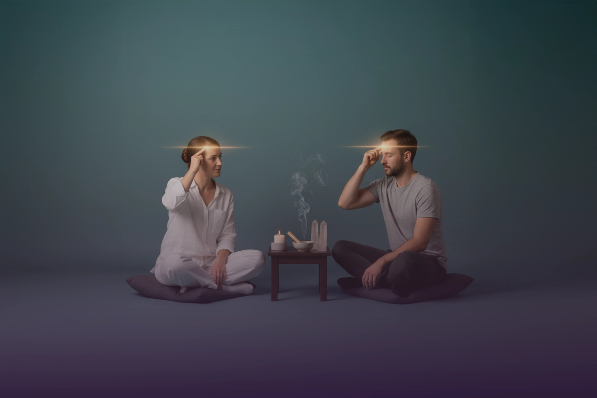 Terapeuta y consultante realizando tapping en el punto de la ceja/entrecejo, sentados frente a vela e incienso humeante.