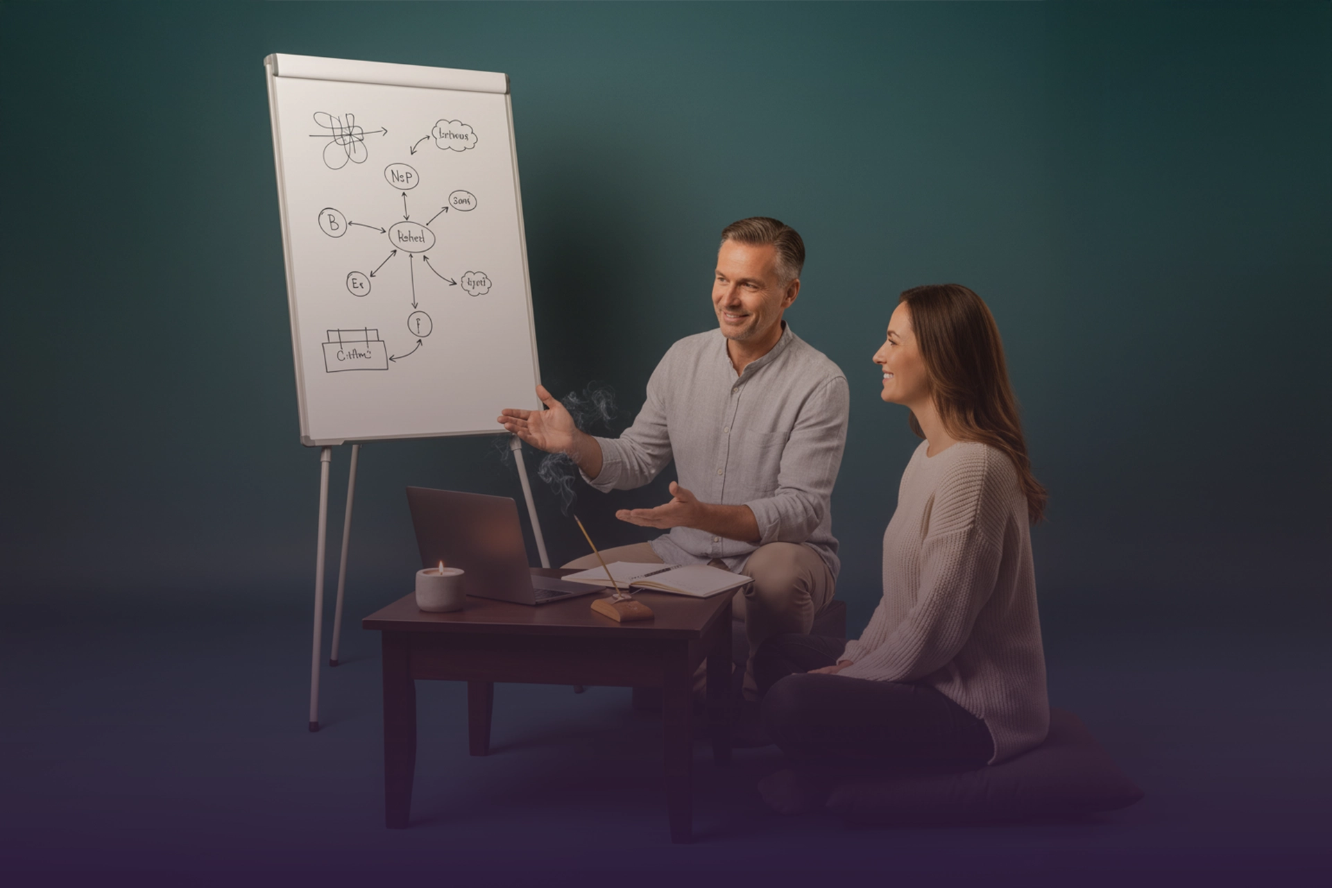 Coach explicando un esquema de PNL en pizarra, con laptop, cuaderno e incienso humeante; consultante escucha atenta.