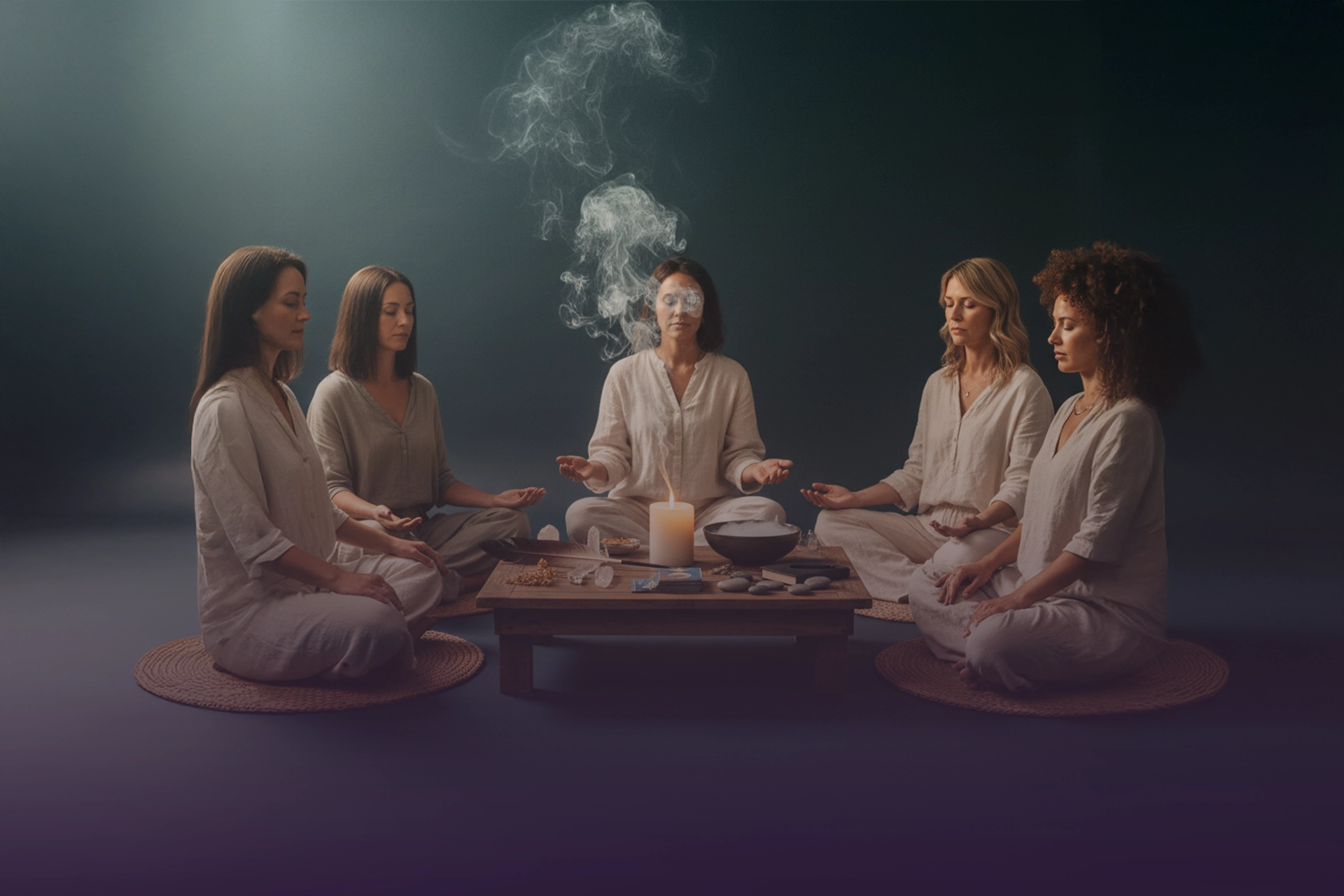 Círculo de mujeres meditando alrededor de un altar con vela, cristales y sahumerio humeante durante ceremonia lunar.
