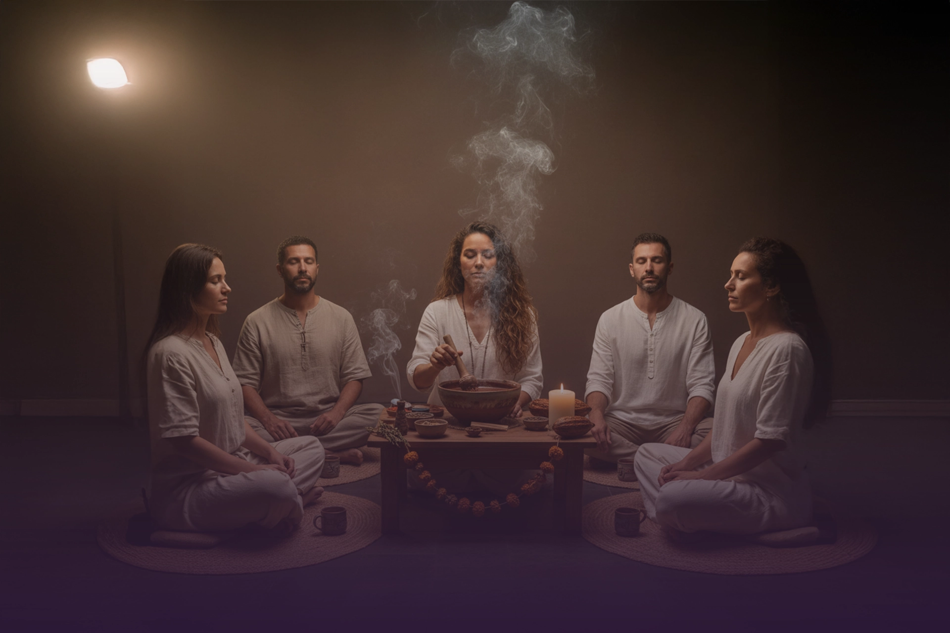 Grupo en círculo con guía preparando cacao ceremonial humeante; vela encendida y copas alrededor del altar.