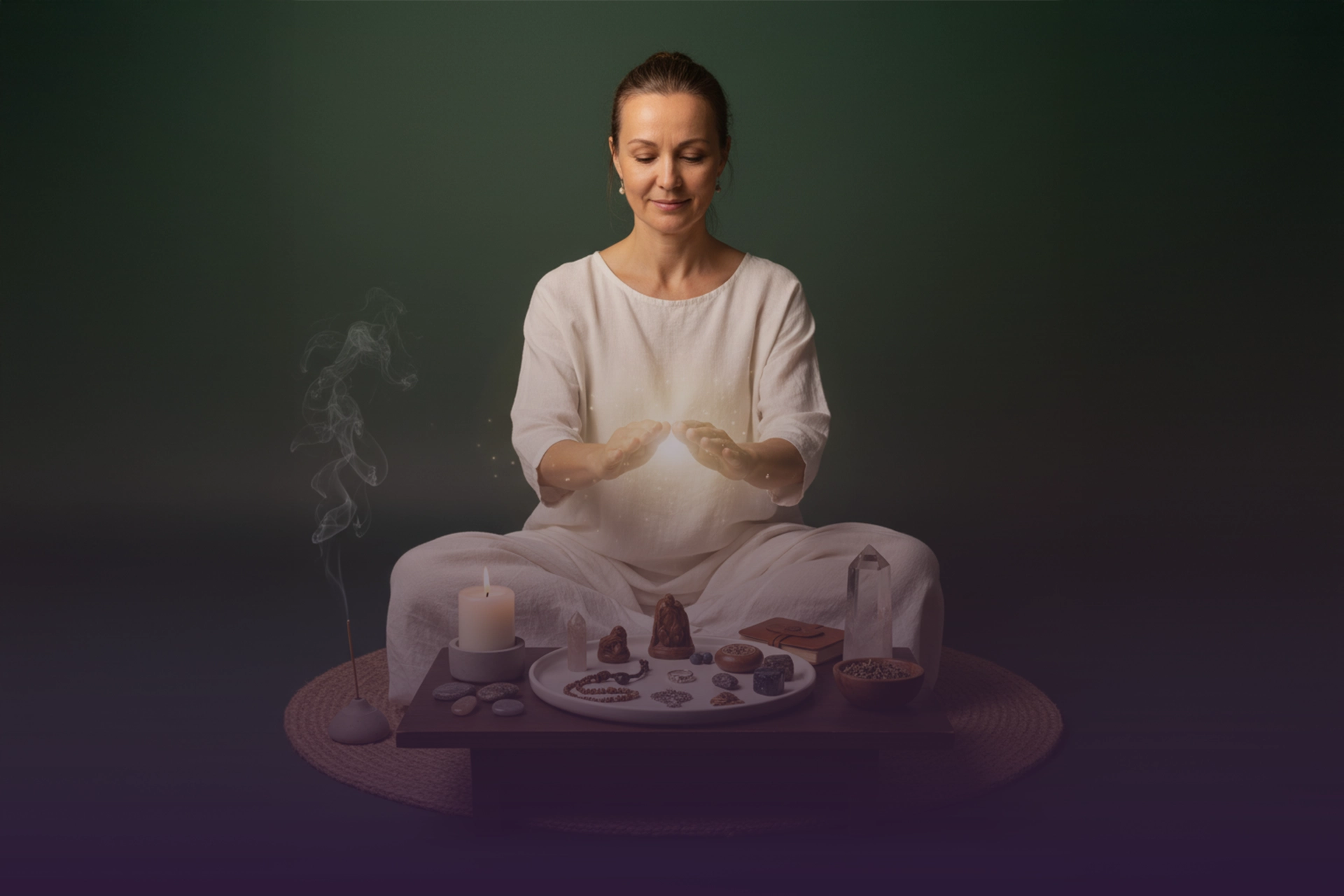 Mujer consagrando objetos sobre un altar: vela, incienso humeante, cristales y amuletos; luz entre sus manos.