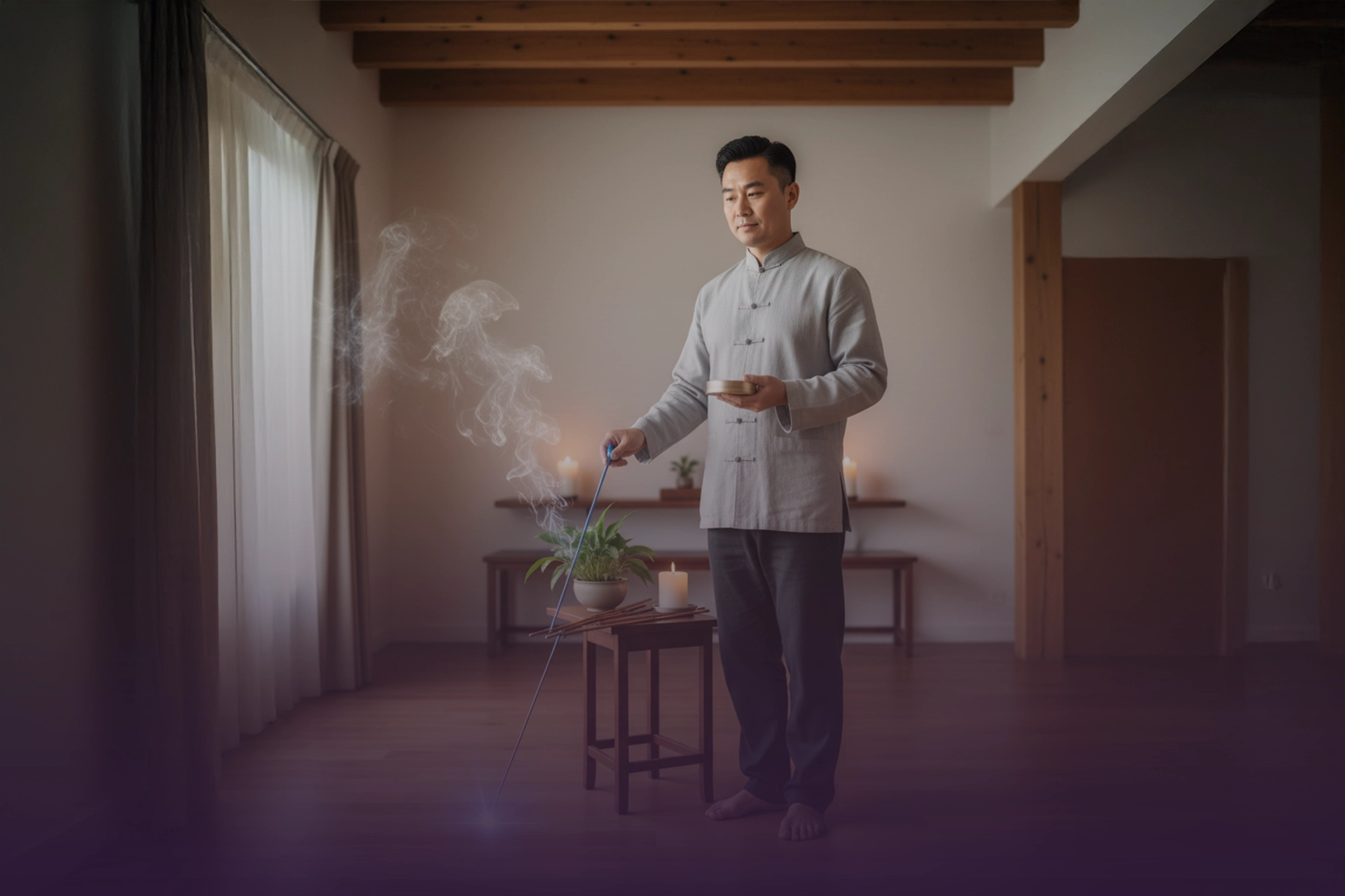 Consultor realizando limpieza energética en una sala con varilla/inalámbrica e incienso; velas encendidas y planta sobre mesa.