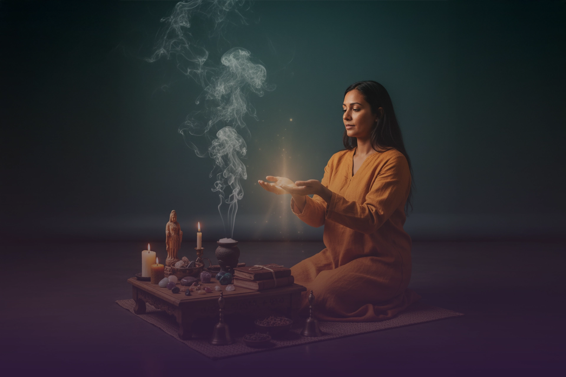 Mujer consagrando su altar: manos luminosas frente a vela, incienso humeante, cristales, figuras y cuenco.