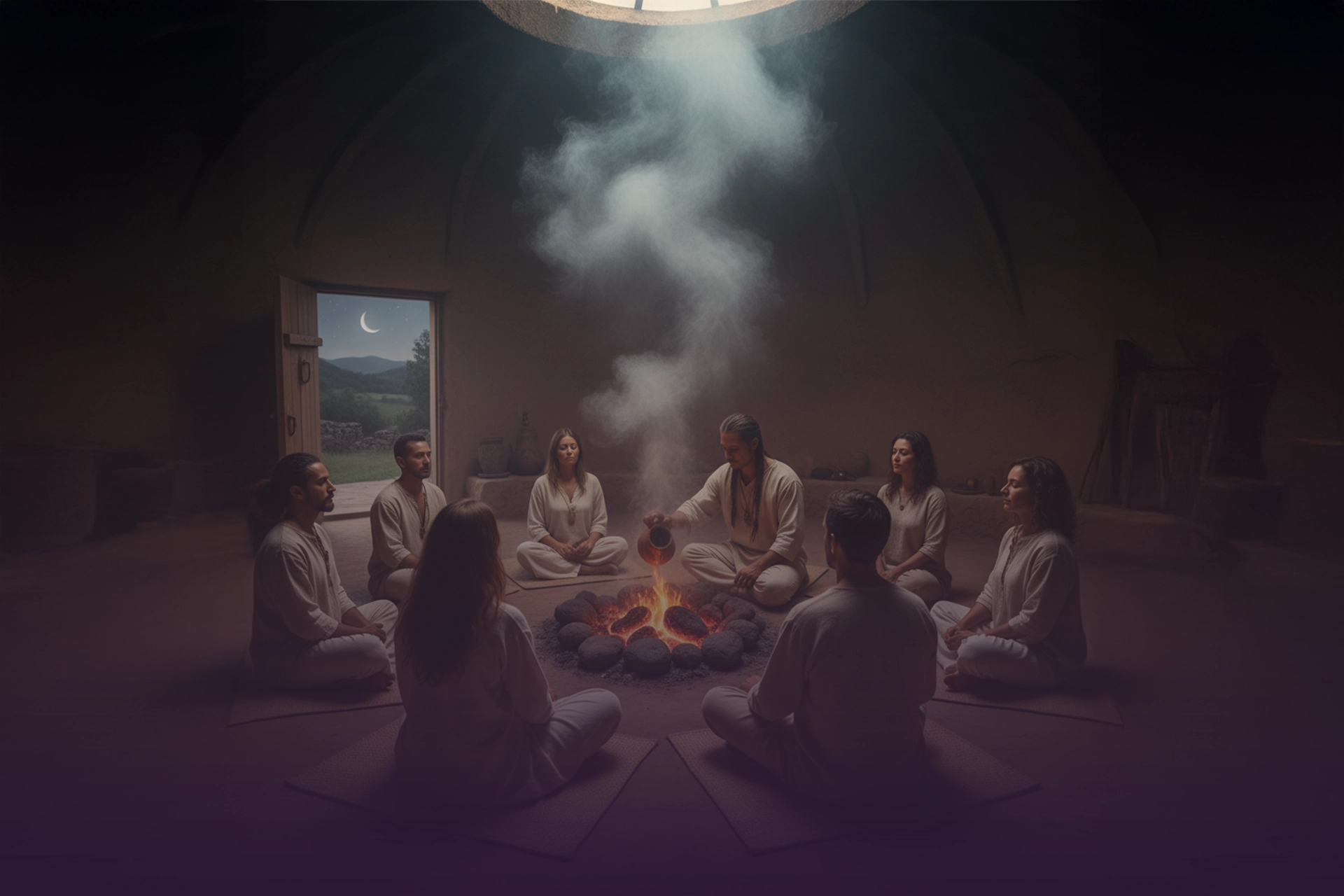 Grupo en círculo dentro de un temazcal, guía vertiendo agua sobre piedras calientes; humo ascendiendo y puerta abierta con luna.