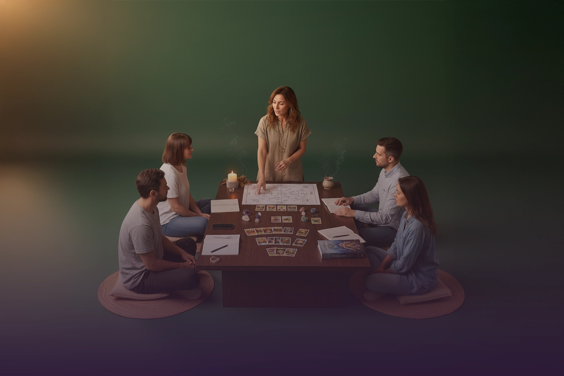 Facilitadora guiando taller; mesa con cartas de tarot, carta astral impresa y cristales, participantes en círculo tomando notas.