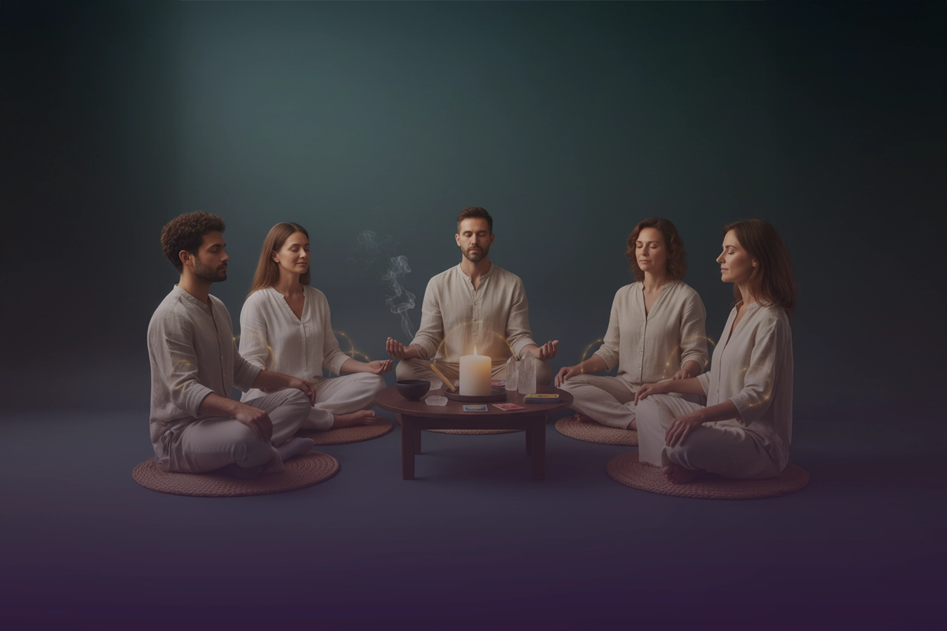 Grupo de cinco personas meditando en círculo; al centro una mesa baja con vela encendida, cristales e incienso; sutiles destellos dorados conectan a los participantes.