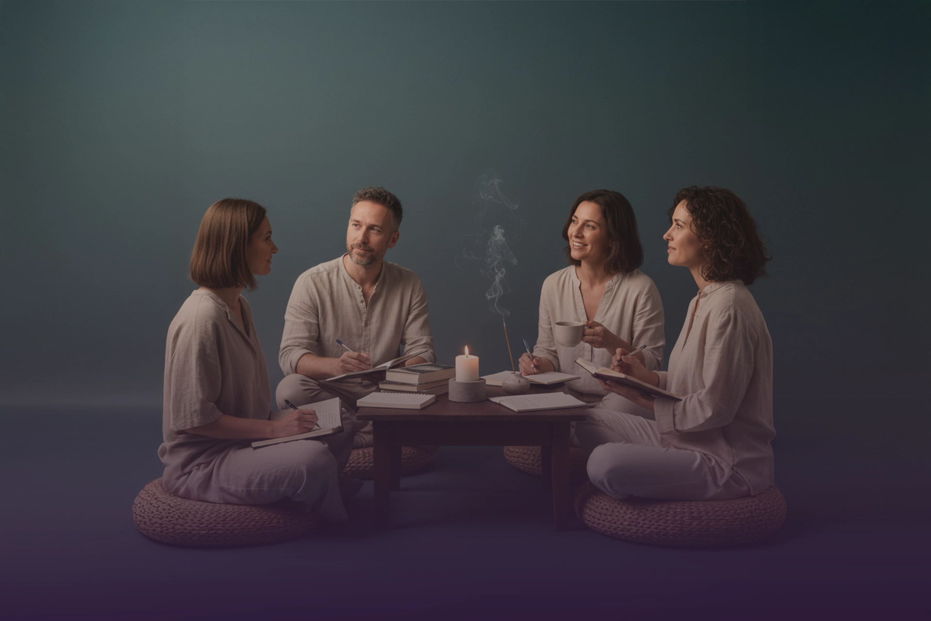Cuatro personas sentadas en cojines alrededor de una mesa baja con vela e incienso, conversando con cuadernos y libros abiertos en un círculo íntimo.